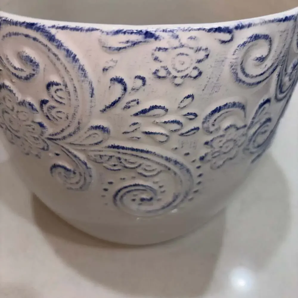 Nocal LDA Ceramic Planter Pot White and Blue Floral Embossed Scroll Portugal